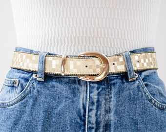 shiny gold belt | 80s 90s vintage checkered metallic gold statement belt