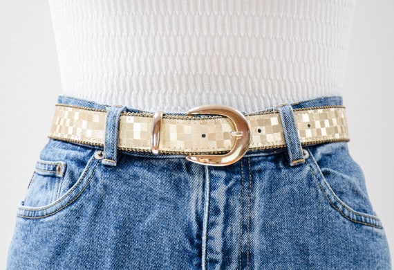 shiny gold belt | 80s 90s vintage checkered metal… - image 1