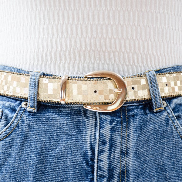 shiny gold belt | 80s 90s vintage checkered metallic gold statement belt