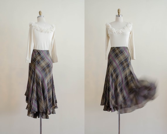 plaid silk midi skirt | ruffled silk skirt | Ralph