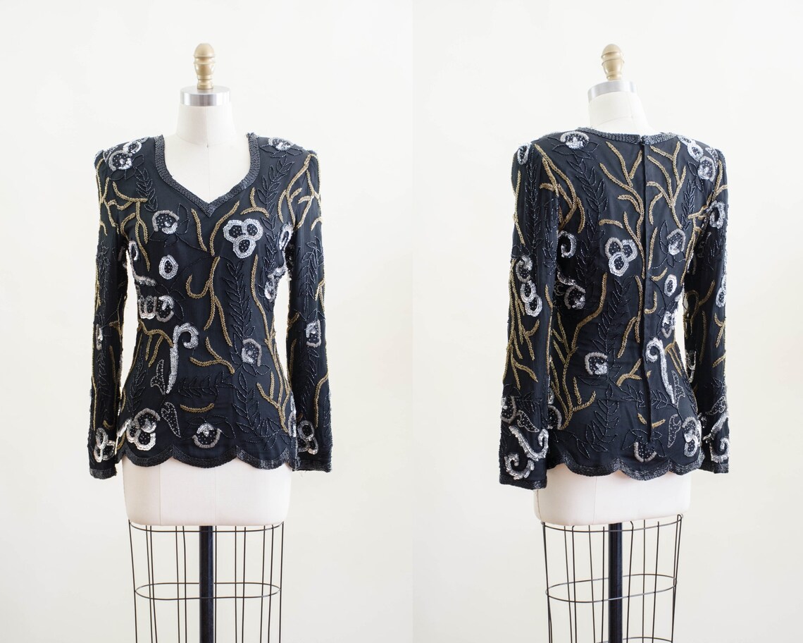 beaded silk blouse | 80s 90s vintage Lawrence Kazar Art Deco black gold silver floral nipped waist long sleeve shirt, foto 1 di 5