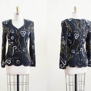beaded silk blouse | 80s 90s vintage Lawrence Kazar Art Deco black gold silver floral nipped waist long sleeve shirt