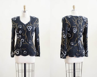 beaded silk blouse | 80s 90s vintage Lawrence Kazar Art Deco black gold silver floral nipped waist long sleeve shirt