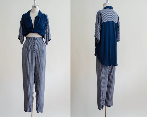 striped lounge set | navy and white pant set