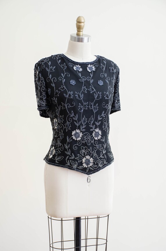 black beaded top | 80s vintage black floral silk … - image 6