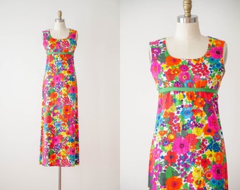 neon floral maxi dress | 60s 70s vintage psychedelic rainbow floral hippie boho sleeveless long floor length gown