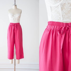 wide leg cropped pants | 90s vintage dark hot pink silk high waisted loose baggy elastic waist pants