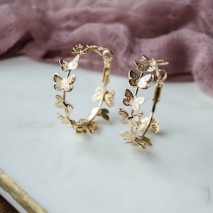 gold butterfly earrings, big hoop earrings, insect earrings, bohemian nature woodland gift for her, cute earrings image 5