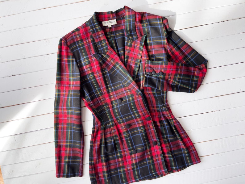 plaid flannel jacket 90s vintage Paris Blues red black plaid nipped waist blazer image 2