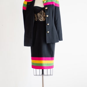 black wool suit 80s vintage hot pink lime green yellow striped skirt suit image 3