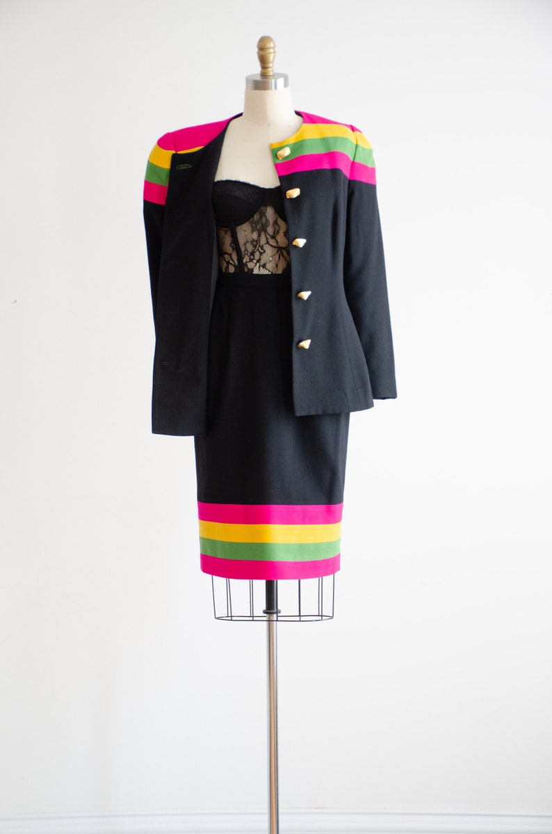 black wool suit 80s vintage hot pink lime green yellow striped skirt suit image 3