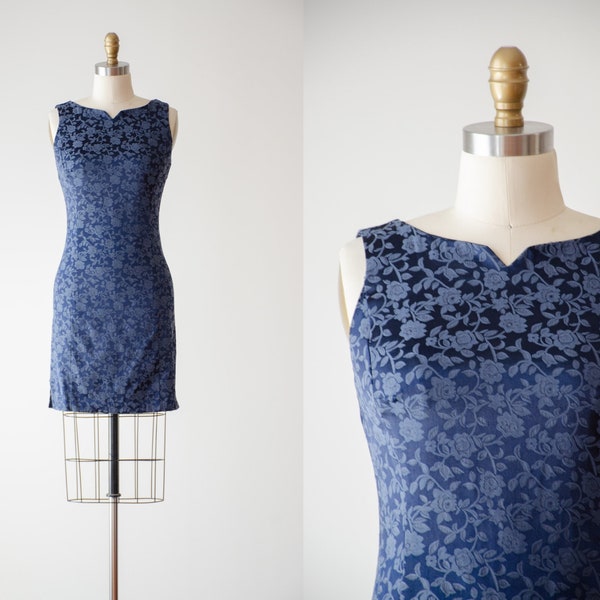 blue brocade dress | 90s y2k vintage dark navy blue floral tight bodycon mini dress