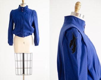 wool bomber jacket 80s vintage bright blue cropped jacket