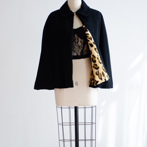 black wool cape 50s 60s vintage leopard print faux fur lined short cape image 5