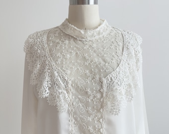 cute cottagecore blouse 80s 90s vintage cream mesh lace collar long sleeve shirt