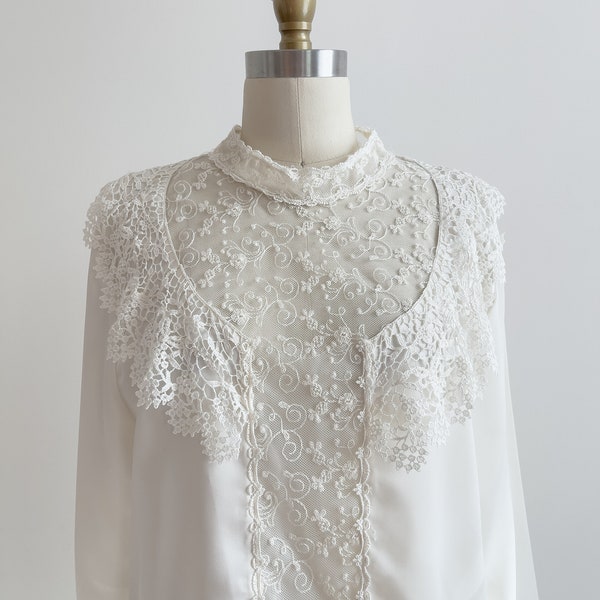 cute cottagecore blouse 80s 90s vintage cream mesh lace collar long sleeve shirt