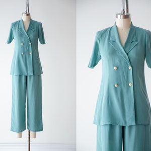 wide leg suit 90s vintage robin's egg blue green high waisted pants pleated cropped trousers blouse set 画像 1