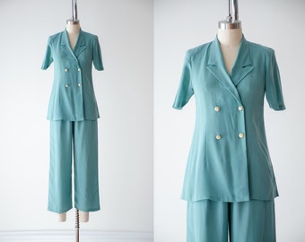 wide leg suit | 90s vintage robin's egg blue green high waisted pants pleated cropped trousers blouse set