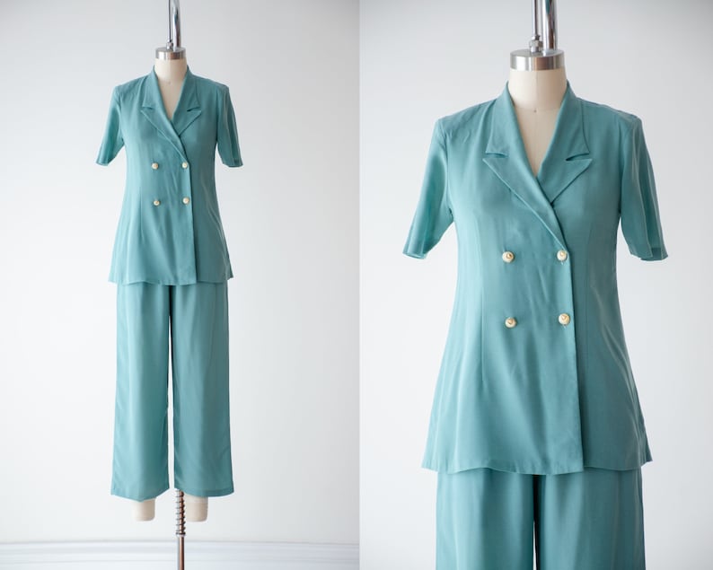 wide leg suit 90s vintage robin's egg blue green high waisted pants pleated cropped trousers blouse set 画像 1