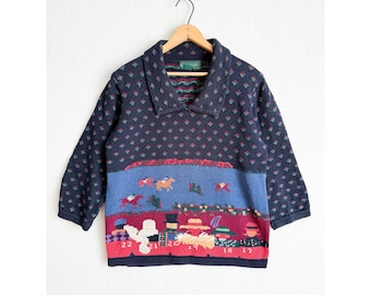 Suéter de punto vintage Cullinane con estampado de carreras de caballos, azul marino, talla grande.