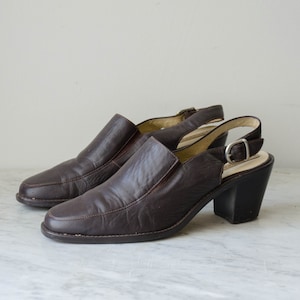 brown leather mules 90s vtg dark brown slingback mules clogs size 9.5