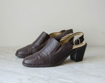 brown leather mules | 90s vintage dark brown angled heel slingback mules clogs size 9.5