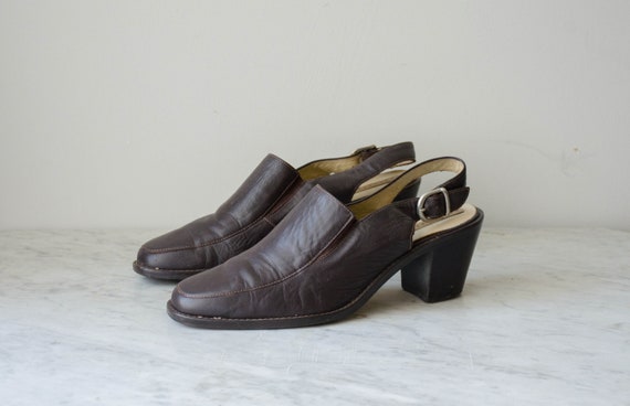 Brown Leather Mules 90s Vintage Dark Brown Angled Heel - Etsy UK