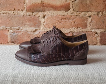 brown leather oxford shoes | 90s vintage Enzo Angiolini dark brown alligator leather dark academia lace up shoes size 6.5