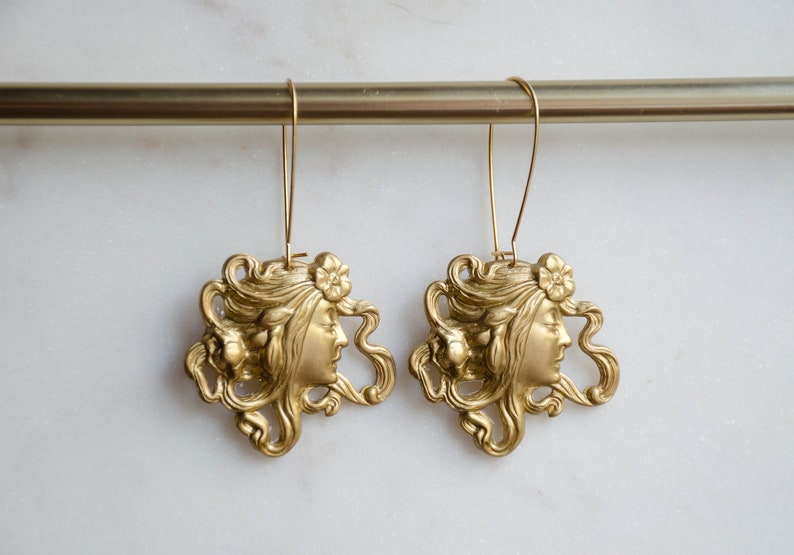 Victorian Art Nouveau earrings, vintage antique brass Mucha earrings, gold female face earrings, cottagecore dark academia handmade jewelry image 3