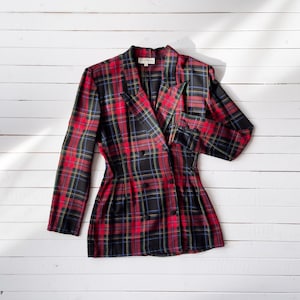 plaid flannel jacket 90s vintage Paris Blues red black plaid nipped waist blazer image 1