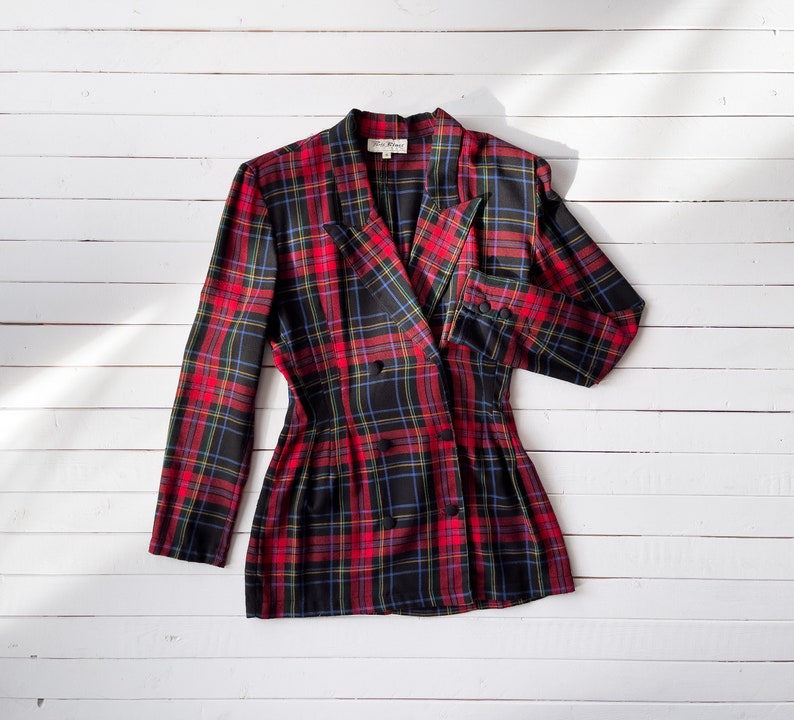 plaid flannel jacket 90s vintage Paris Blues red black plaid nipped waist blazer image 1