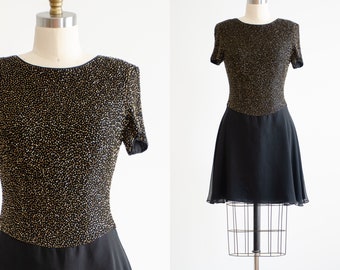 black mini dress 90s vintage bronze beaded silk chiffon dress