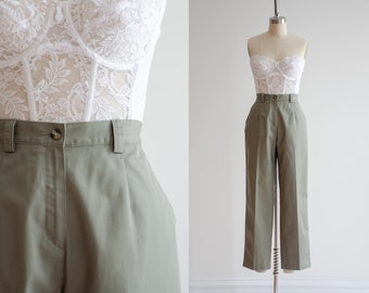 high waisted pants | 90s vintage L.L. Bean olive green cotton khaki dark academia pleated straight leg trousers
