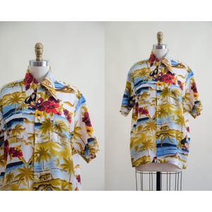Hawaiian shirt 70s vtg Van Cort hula girl palm tree island button down shirt