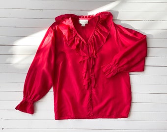 red silk blouse 80s 90s vintage ruffled collar billowy poet blouse