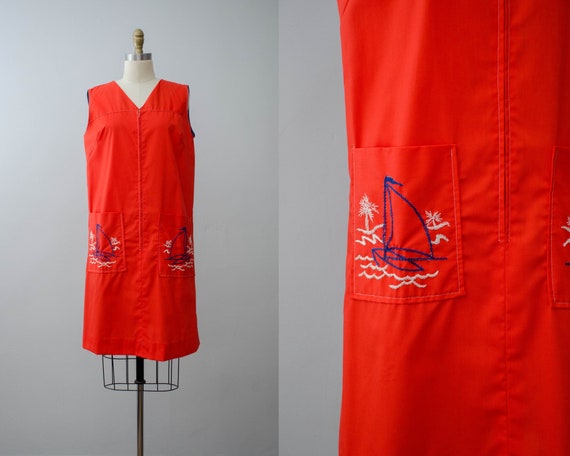 red vintage dress | red shift dress | sailboat emb