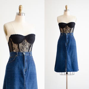 jean skirt 70s 80s vintage Tres Jolie dark wash knee length denim skirt