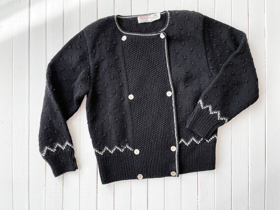 Black Wool Sweater | 80s 90s Vintage Pompom Hand Knit Thick Wool 