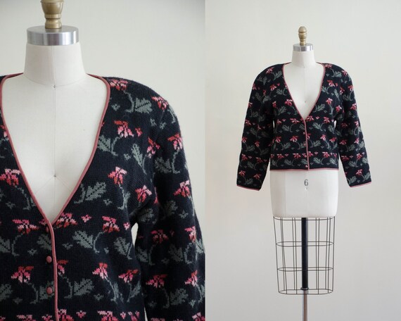 black floral cardigan | black wool cardigan