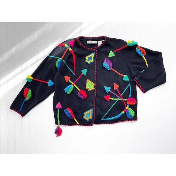 vtg Michael Simon bows and arrows embroidered black cardigan sweater