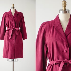 red belted jacket | 70s 80s vintage burgundy microsuede vegan faux suede long belted trench coat