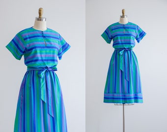 blue striped dress | 70s 80s vintage Lanz blue green purple striped fit and flare summer dress