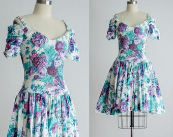 vtg 80s Expo Petite White Purple Floral Cotton Circle Skirt Mini Dress size XS S