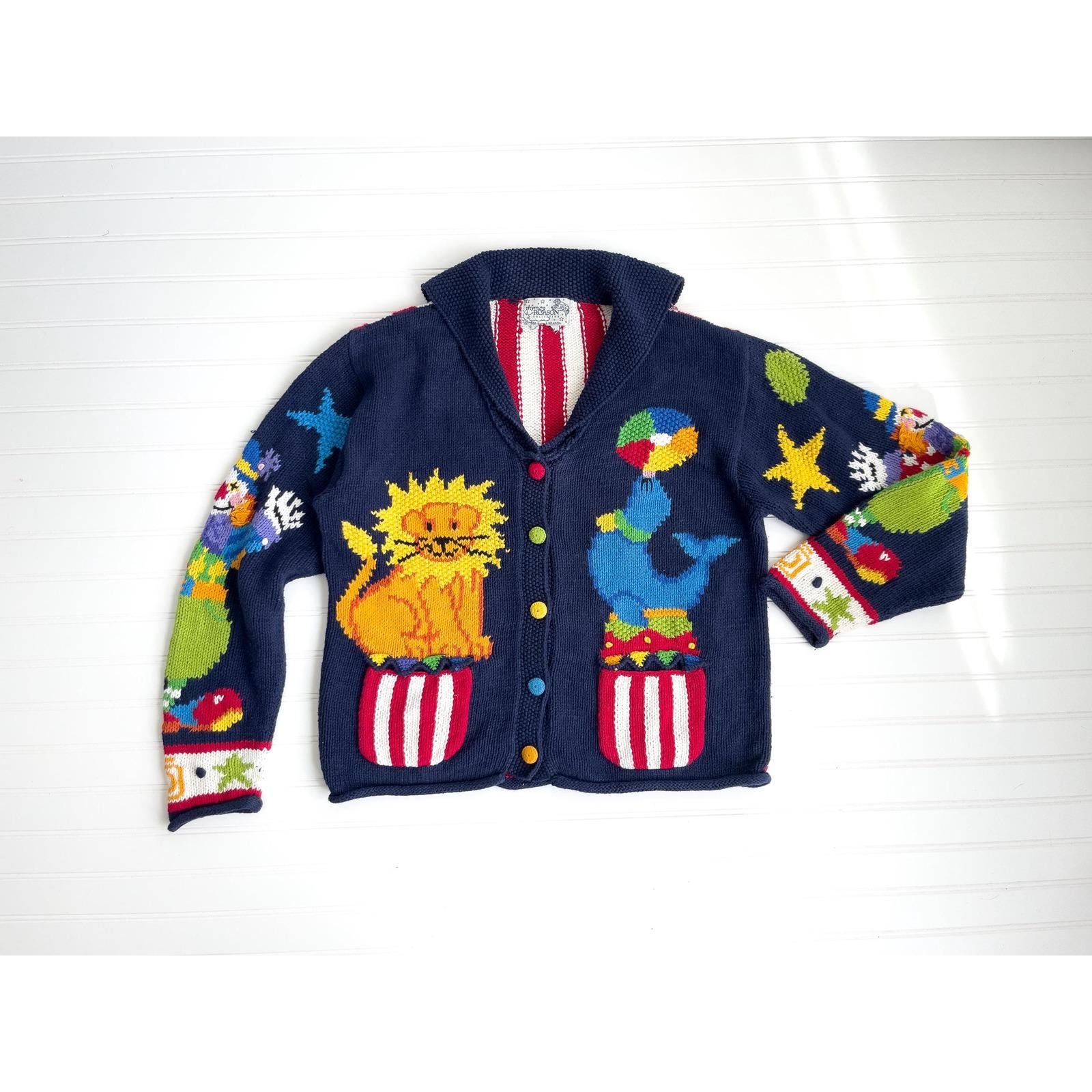 Vtg Rhyme & Reason Circus Carnival Clown Hand Knit Cardigan