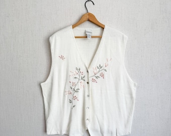 Koret Sweater Vest Floral Ribbon Embroidery Button Front 1X Ivory Knit V-Neck