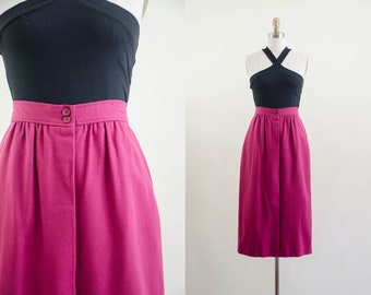 pink wool midi skirt | 80s 90s vintage Evan Picone fuchsia raspberry dark academia librarian long wool skirt
