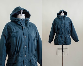 dark forest green quilted coat | 90s vintage Columbia men&#39;s women&#39;s unisex puffy puffer fleece lined parka jacket