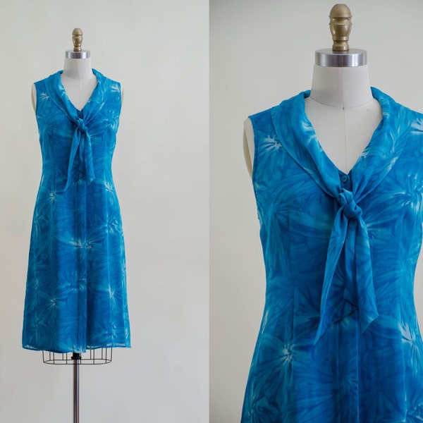 blue silk slip dress | 90s y2k blue tie dye silk chiffon ascot tie neck vintage mini dress