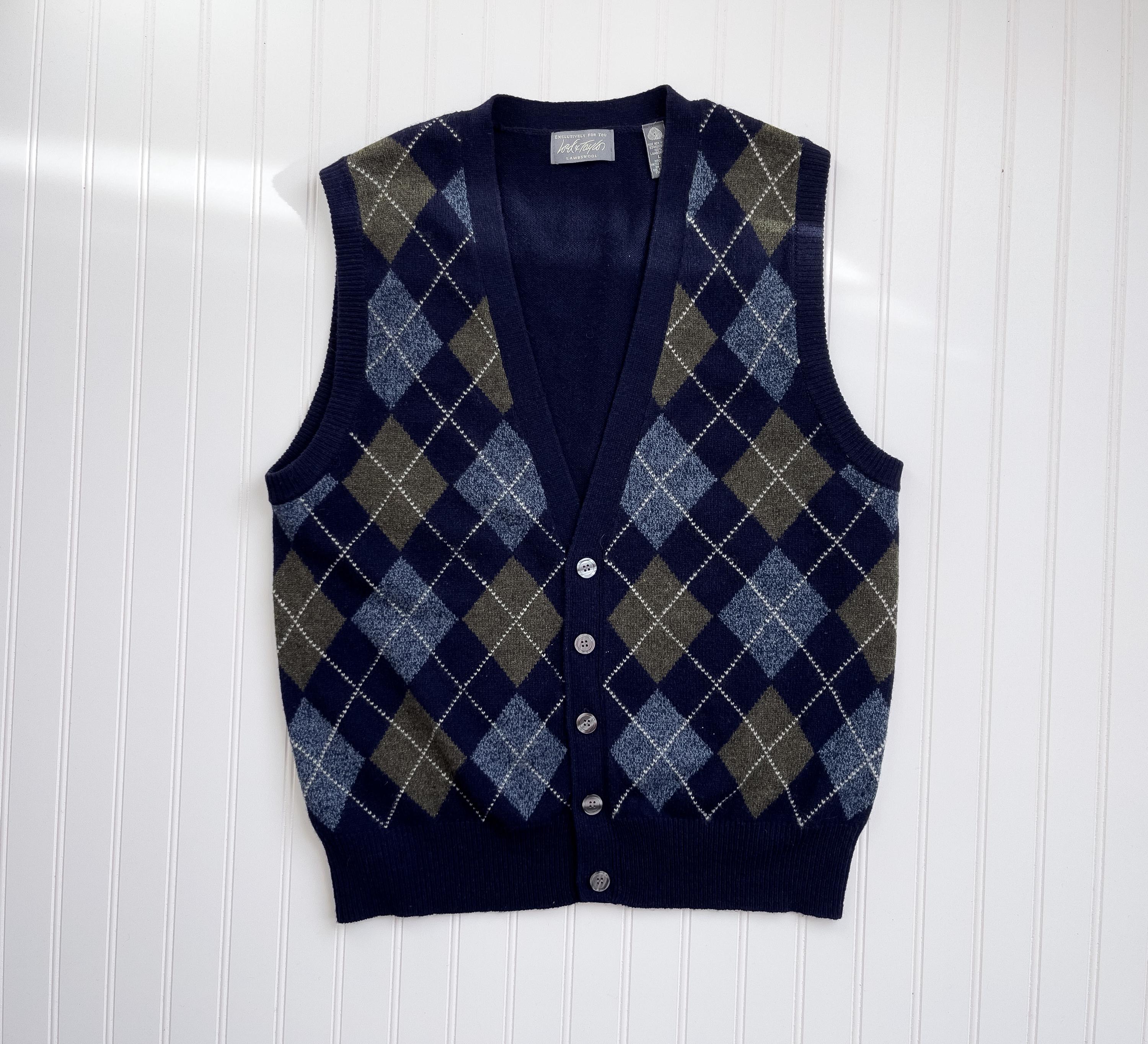 Vtg Lord & Taylor Navy Blue Green Argyle Plaid Lambswool