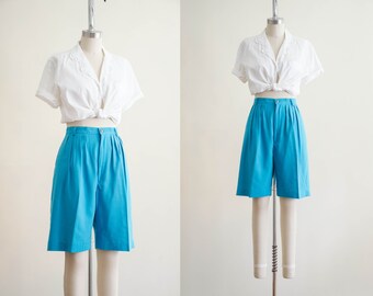 high waisted shorts | 80s turquoise blue linen style long vintage shorts